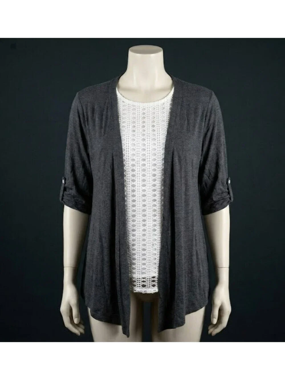 Naif Womens Cardigan Sweater Size M Gray Faux 2-Piece Lace Inset Roll Tab Sleeve
